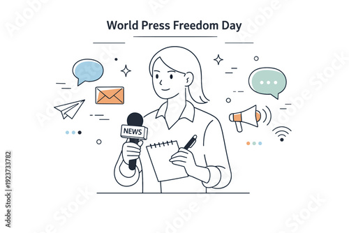 World Press Freedom Day. A calm editorial scene with a journalist holding a notepad and microphone, surrounded by light abstract symbols
