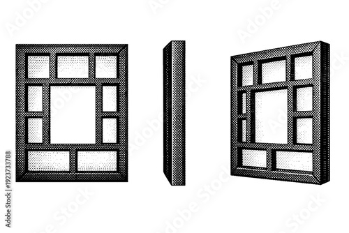 Dot collage photo frame cutout A rectangular photo frame cutout is shown as one object from three different views: front view, side view, and