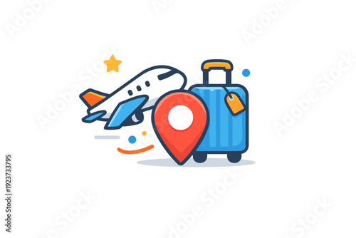 Travel lifestyle compact icons like airplane, suitcase, and location pin combined into a cohesive visual metaphor for mobility and freedom. Minimalist flat