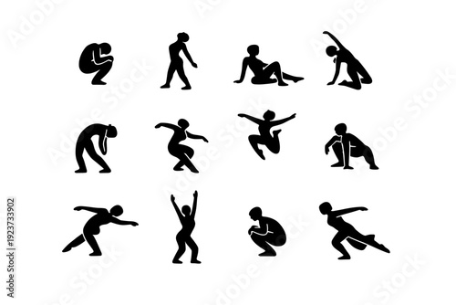 Contemporary Dance Moves. Solid icon set of Contemporary Dance Moves: contraction pose, release pose, floor work pose, side tilt, back arch, spiral turn,