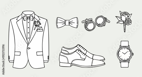 Wedding Groom Accessories Collection - Elegant Suit, Shoes, Watch, and Bow Tie Vector Illustration