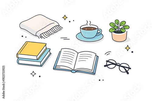 Reading corner flat lay. Top-view layout of books, cup, glasses, blanket, and small plant arranged neatly to convey calm, cozy, and relaxed