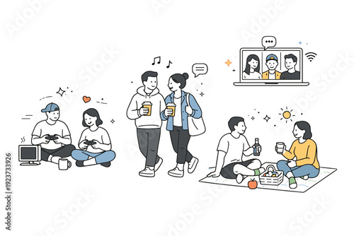 Modern Friendship Gathering. Modern friendship rituals. Wide minimal scene with friends gathering casually without formal plans. Consistent connection built