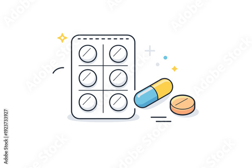 Over-the-counter medicine. Editorial-style icon showing a blister pack and simple pill shapes, expressing easy access and everyday health