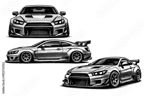 Custom car showcase poster. A realistic custom car showcase poster shown as a single object from three different angles: front view, side