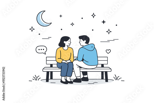Late-night talks outdoors. Two people sitting close on a bench under the night sky, soft moonlight and stars around them. Quiet conversation,