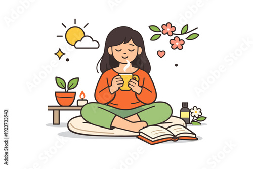 Spring self care a person enjoying a calm morning routine with sunlight, plants, and a warm drink, expressing balance, renewal, and gentle