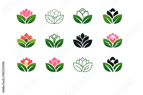 Hidden Garden. Icon set. Set Logo of Hidden Garden: blooming flower behind leaves. harmonious logo variations of the same emblematic concept, each with