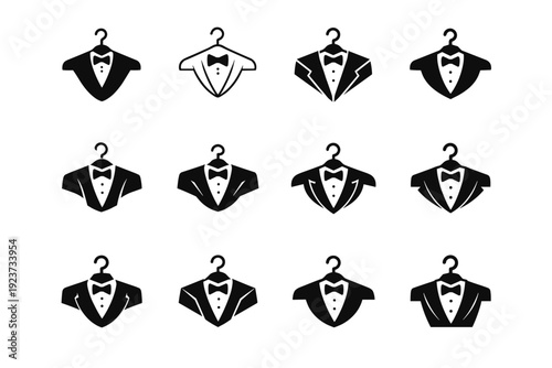 Black tie tuxedos. Icon set. Set Logo of Black tie tuxedos: tuxedo hanger silhouette. harmonious logo variations of the same emblematic