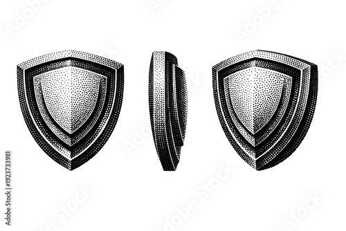 Dotted shield emblem A shield-shaped emblem with layered sections displayed in front view, side view, and three-quarter view within one composition. Black and