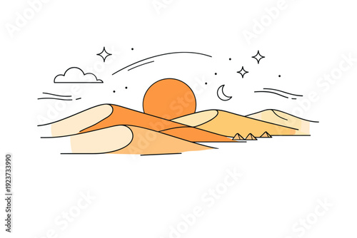 Desert dunes at sunset. Soft rolling sand dunes stretch into the horizon with a warm orange sky, subtle abstract lines and stars highlighting calmness and