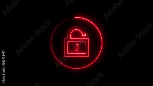 Neon red open padlock symbol in circle on black background security access concept