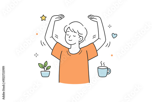 Gentle daily activity moment. A person doing light morning movement, arms raised slowly with calm expression. Ease, balance, and softness in