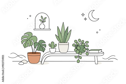 Botanical decor scene. A minimal interior corner with plants in pots, gentle curves and relaxed balance, peaceful atmosphere. The
