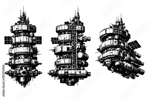 Space station, industrial space station with stacked modules, exposed framework, and mechanical details shown from front, side, and
