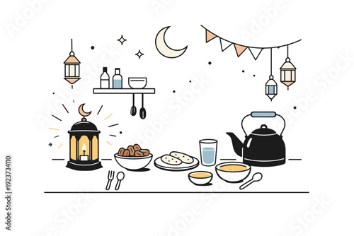 Ramadan kitchen night lighting. A calm editorial scene of a softly lit kitchen at night with a lantern glow, kettle, and simple tableware
