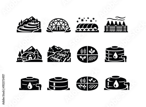 Mountain Agriculture. Filled icon set of Mountain Agriculture: terraced hillside, greenhouse