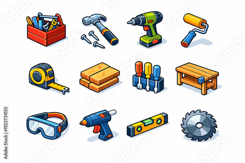 DIY. Colorful isometric vector icons set of DIY: toolbox, hammer and nails, power drill, paint roller, measuring tape, wood planks, screwdriver set, workbench,