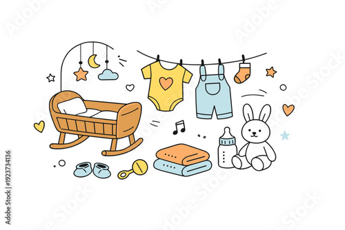 Gentle Baby Announcement. Baby announcement. A gentle editorial scene with simple baby symbols like a cradle, tiny clothes, and soft decorative elements. The