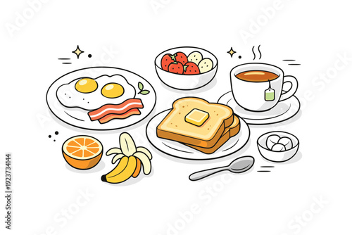 Normal everyday meals. Breakfast scene with simple items like toast, eggs, fruit, and a cup of tea on a table. Calm start of the day with