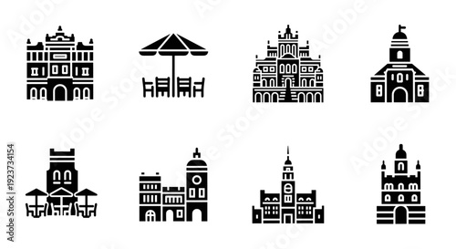 Minimalist black and white icon set of historical buildings and outdoor cafe