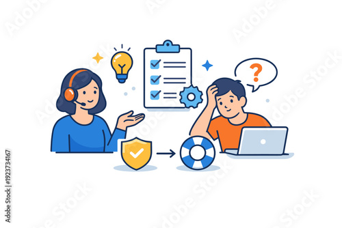 Customer service and support represented through calm guidance and structured solutions during moments of need. A reassuring editorial