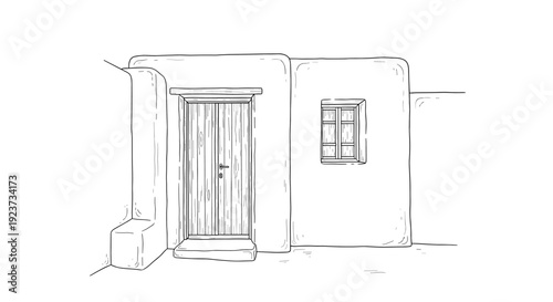 Minimalist line drawing of traditional adobe building with wooden door and window