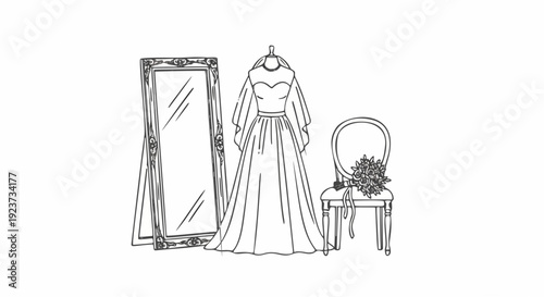 Bridal Suite Sketch with Wedding Dress Mirror and Flower Bouquet