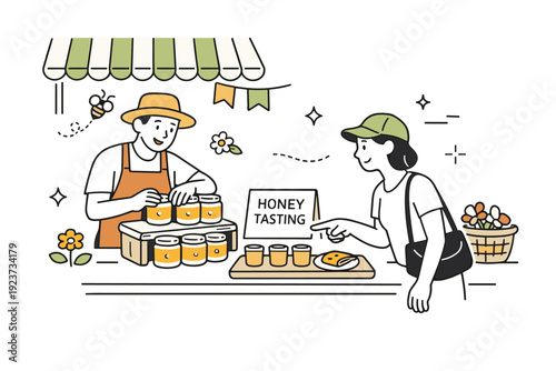 Spring farmers market. Scene of light interaction between a vendor arranging jars of honey and a visitor pointing at a tasting tray. Warm