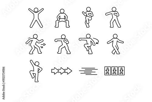 Dance cardio moves. Line icon set of Dance cardio moves: jumping jack dance, squat bounce, knee lift step, twist move, side shuffle, arm