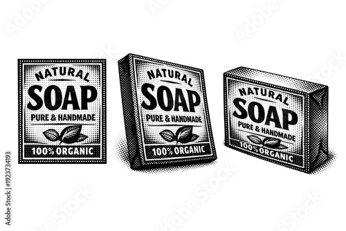 Cosmetic label soap stamp, a single soap packaging label object displayed in straight-on view, angled view, and three-quarter perspective