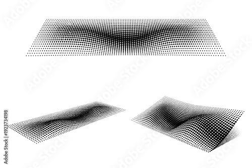 Perspective-bent halftone dot line grid shown as a single object presented in three views: flat top view, angled view, and three-quarter