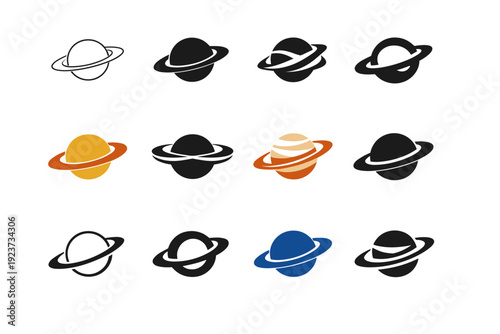 Saturn. Icon set. Set Logo of Saturn: ringed planet. harmonious logo variations of the same emblematic concept, each with different artistic interpretation
