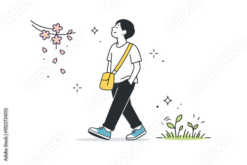 Human reactions to seasonal change. Someone slowing their walk to watch blossoms fall or grass grow, momentarily breaking routine. Mindful pause and seasonal