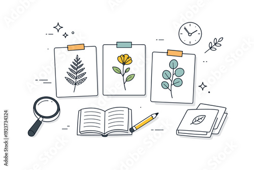 Pressed plants compositions. Minimal scene with leaves taped onto paper cards, thoughtful composition suggesting archiving, study, and slow