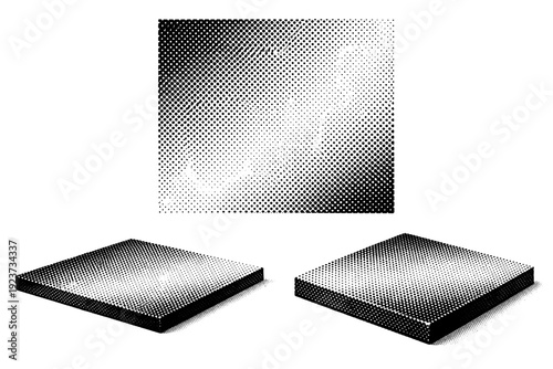 Soft halftone noise surface. A soft halftone noise surface tile is depicted in three views: top-down view, side-angled view, and
