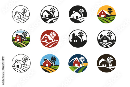 A rustic farmhouse with a windmill in the distance. Icon set. Set Logo of A rustic farmhouse with a windmill in the distance: circular frame with barn and