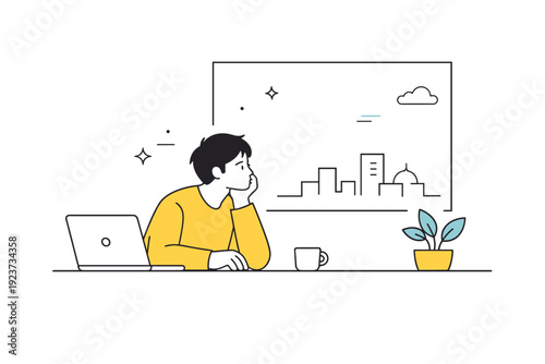 Burnout at workplace. Person staring out a window during work hours, quiet disengagement and low energy. Desk, plant, and city shapes kept