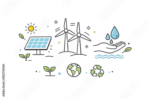 Environmental concepts. Minimal icons showing renewable energy, solar panels, wind turbines, and water conservation symbols in a balanced composition. A quiet,