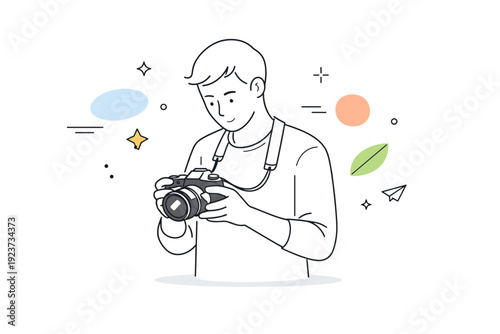 Photographer at work. A photographer calmly holding a camera and adjusting settings, focused on capturing the perfect shot. Quiet creative