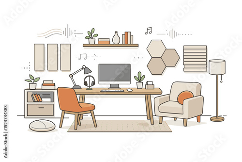Home acoustics improvement workspace. A home office optimized for better acoustics with panels, soft furniture, and organized layout. The mood feels focused,