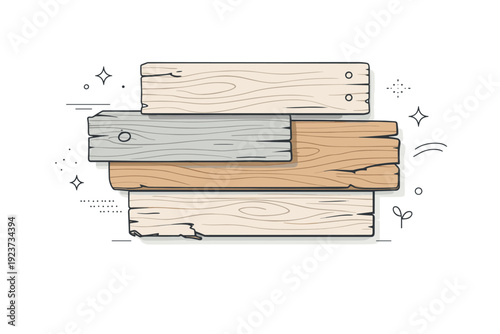 Weathered wood surfaces. Abstract editorial view of overlapping wood panels, faded tones and linear grain flowing across the composition. Material simplicity