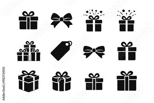 Birthday gift. Solid icon set of Birthday gift: birthday present, ribbon bow, party gift box, surprise box, celebratory gift, stacked presents, gift tag shape,