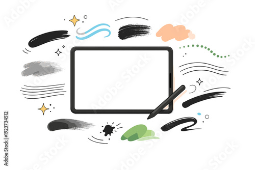 Procreate brushes concept. Set of abstract brush strokes floating around a tablet screen. Visual exploration of different brush styles and