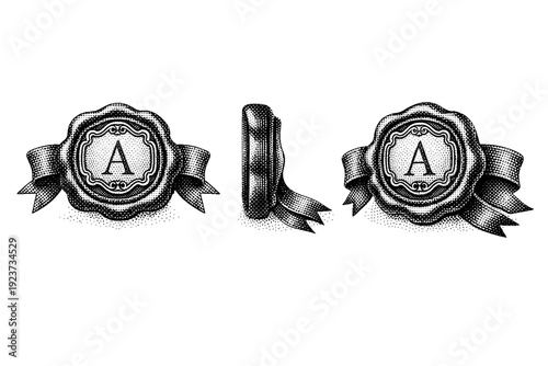 Wedding monogram seal with ribbon accent and framed letter space shown from front view, side view, and three-quarter view as a single object