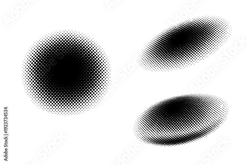 Dot Halftone Perspectives. Old style dot effect radial fade, a single radial dot fade object shown in centered front view, offset angled view, and