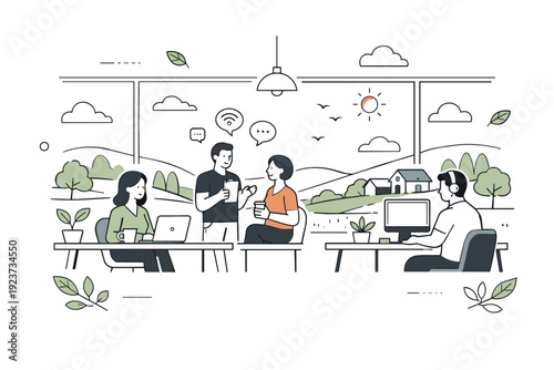 Rural coworking overview. Clean editorial scene showing a modern coworking space set in a peaceful rural environment with nature visible through large windows.