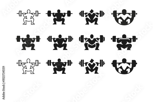 Someone lifting heavy weights at the gym. Icon set. Set Logo of Someone lifting heavy weights at the gym: powerlifter barbell