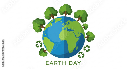 Earth day illustration with globe trees and recycling symbols on white background celebrating environmental conservation and sustainability