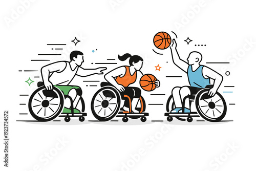 Wheelchair basketball action. Athletes in motion on court using sport wheelchairs, abstract floating stars and lines emphasizing speed and